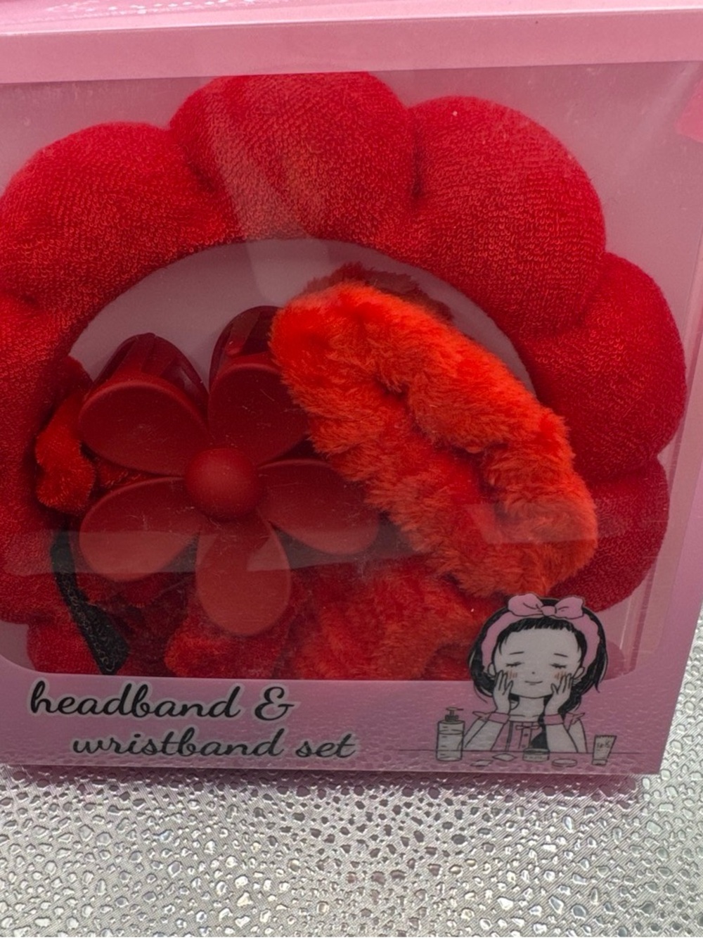 Women Red Headband & Wristband Set with Flower Accent